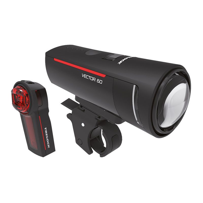 Set fanale LED Trelock Vector 60, luce anteriore 60 Lux e luce posteriore USB, ideale per ciclismo urbano e notturno. Design compatto e resistente all'acqua.